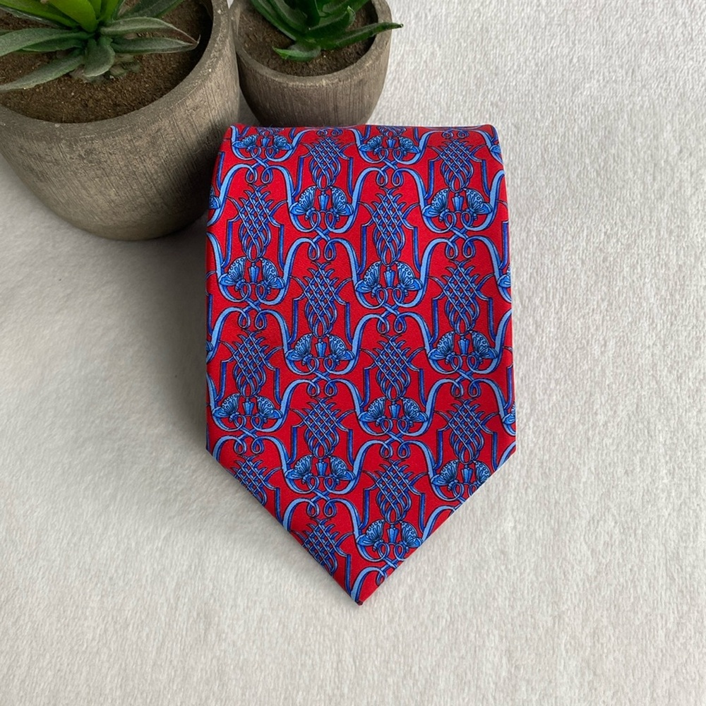 Lanvin Silk Neck Tie | Geometric Pattern | Red/Blue